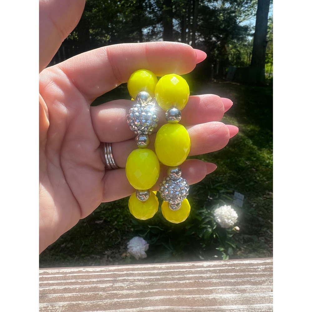 Vtg Neon Yellow Beaded Stretch‎ Bracelet Set Silver Disco Ball Retro Kidcore Y2K